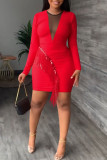 Red Sexy Solid Tassel Patchwork O Neck One Step Skirt Dresses