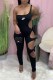 Black Fashion Street Print Hollowed Out Letter One Shoulder Jumpsuits