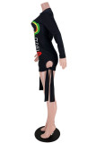 Black Street Letter Bandage O Neck Dresses