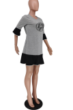 Grey Casual Print Patchwork O Neck Cake Skirt Dresses