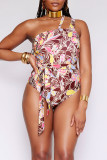 Brick Red Sexy Print Patchwork Swimwears