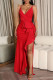 Red Fashion Sexy Solid Backless Slit V Neck Sling Dress