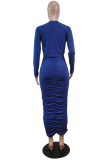 Blue Fashion Print Patchwork O Neck Long Sleeve Two Pieces