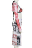 White Pink Sexy Print Patchwork Long Sleeve Two Pieces