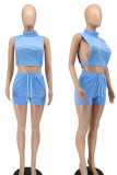 Sky Blue Casual Solid Embroidered Patchwork Turtleneck Sleeveless Two Pieces