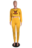Yellow Fashion Wapiti Patchwork O Neck Short Sleeve Two Pieces