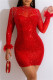 Red Fashion Sexy Patchwork Hot Drilling See-through Feathers Half A Turtleneck Long Sleeve Dresses