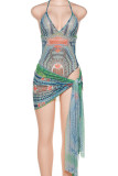 Green Sexy Print Patchwork Spaghetti Strap Sleeveless Two Pieces