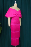 Rose Red Fashion Sexy Solid Tassel Patchwork Backless Off the Shoulder Evening Dress