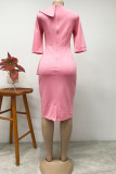 Pink Fashion Casual Solid Patchwork V Neck Pencil Skirt Dresses