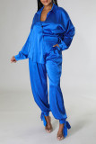 Blue Casual Solid Patchwork Buckle Turndown Collar Long Sleeve Two Pieces