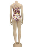 Brick Red Sexy Print Patchwork Swimwears