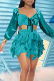 Purple Sexy Solid Tassel Bandage Patchwork Long Sleeve Two Pieces