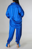 Blue Casual Solid Patchwork Buckle Turndown Collar Long Sleeve Two Pieces