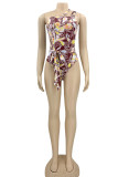 Brick Red Sexy Print Patchwork Swimwears