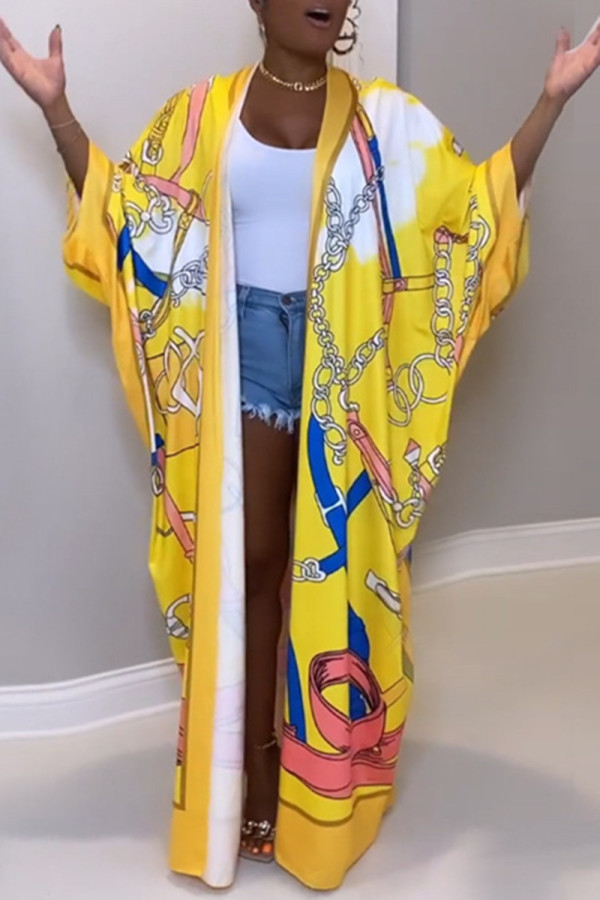 Yellow Fashion Casual Print Cardigan Outerwear