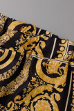 Yellow Casual Print Patchwork Buckle Turndown Collar Long Sleeve Two Pieces