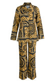 Yellow Casual Print Patchwork Buckle Turndown Collar Long Sleeve Two Pieces