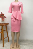 Pink Fashion Casual Solid Patchwork V Neck Pencil Skirt Dresses