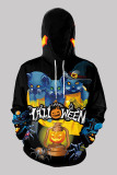 Black Orange Fashion Casual Print Patchwork Hooded Collar Tops