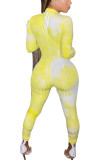 Yellow Fashion Sexy Print Tie-dyed Long Sleeve O Neck Jumpsuits