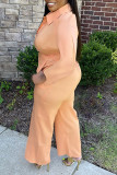 Blue Casual Solid Patchwork Buttons Turndown Collar Straight Jumpsuits
