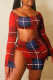 Red Sexy Plaid Print Hollowed Out Patchwork Slit O Neck Pencil Skirt Dresses