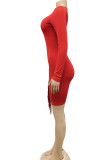 Red Sexy Solid Tassel Patchwork O Neck One Step Skirt Dresses