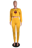 Yellow Fashion Lips Printed Patchwork O Neck Long Sleeve Two Pieces