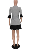 Grey Casual Print Patchwork O Neck Cake Skirt Dresses