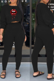 Black Fashion Lips Printed Patchwork O Neck Long Sleeve Two Pieces