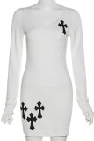 White Sexy Print Patchwork O Neck Pencil Skirt Dresses
