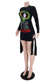 Black Street Letter Bandage O Neck Dresses