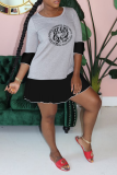 Grey Casual Print Patchwork O Neck Cake Skirt Dresses