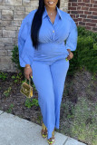 Blue Casual Solid Patchwork Buttons Turndown Collar Straight Jumpsuits