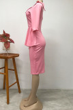Pink Fashion Casual Solid Patchwork V Neck Pencil Skirt Dresses