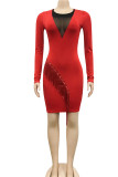 Red Sexy Solid Tassel Patchwork O Neck One Step Skirt Dresses
