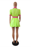 Green Fashion Casual Solid Patchwork Turndown Collar Shirt Dress Short Sleeve Dress