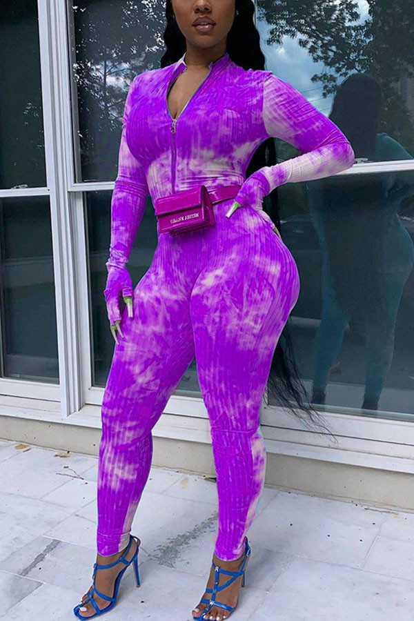 purple Fashion Sexy Print Tie-dyed Long Sleeve O Neck Jumpsuits