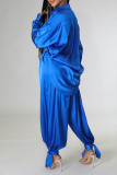 Blue Casual Solid Patchwork Buckle Turndown Collar Long Sleeve Two Pieces