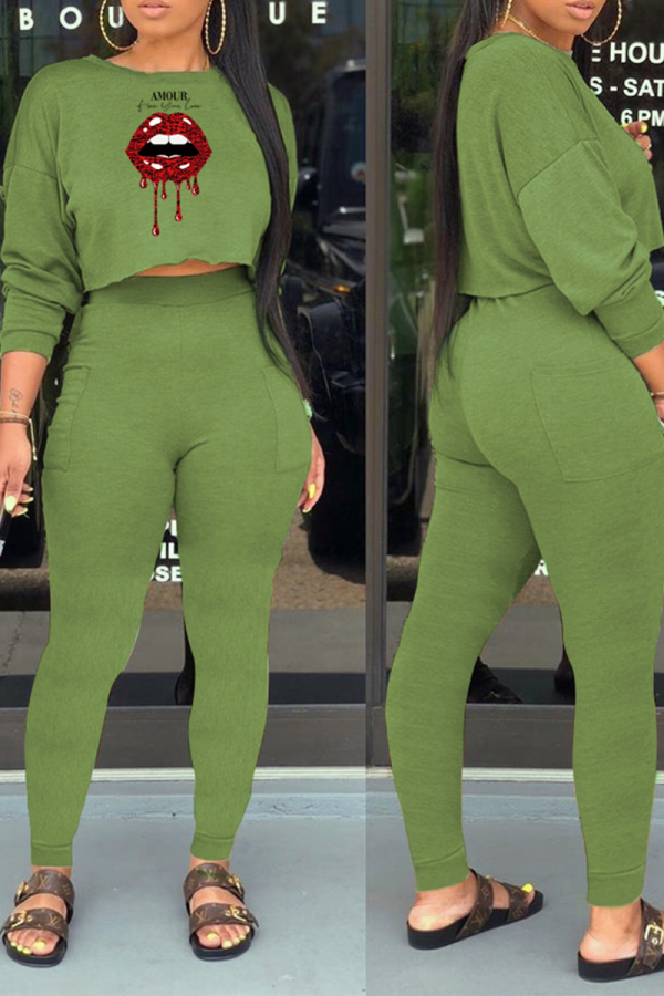 Green Fashion Lips Printed Patchwork O Neck Long Sleeve Two Pieces