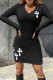 Black Sexy Print Patchwork O Neck Pencil Skirt Dresses