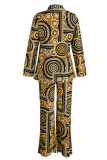 Yellow Casual Print Patchwork Buckle Turndown Collar Long Sleeve Two Pieces