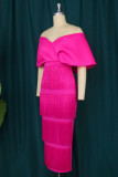 Rose Red Fashion Sexy Solid Tassel Patchwork Backless Off the Shoulder Evening Dress