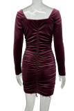 Burgundy Sexy Solid Patchwork Draw String Fold Square Collar Pencil Skirt Dresses