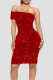 Red Sexy Solid Sequins Patchwork Asymmetrical Off the Shoulder Pencil Skirt Dresses