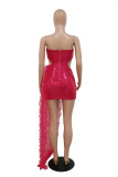 Red Sexy Formal Patchwork Hollowed Out Sequins Backless Strapless Evening Dress