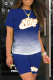 Blue Fashion Casual Gradual Change Print Letter O Neck Short Sleeve Two Pieces