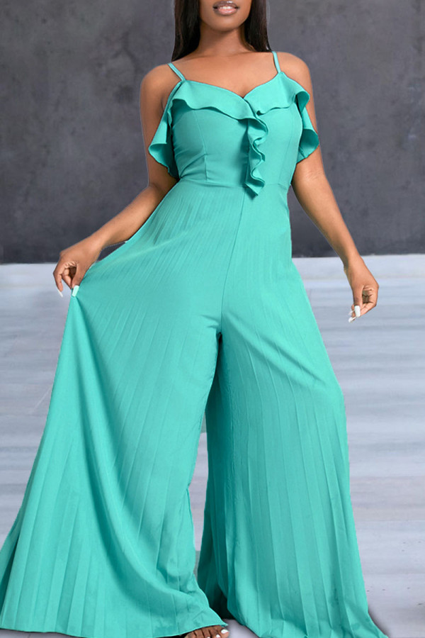 Lake Green Sexy Solid Patchwork Flounce Fold Spaghetti Strap Straight Jumpsuits