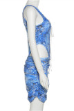 Blue Fashion Sexy Print Bandage Hollowed Out U Neck Sleeveless Two Pieces